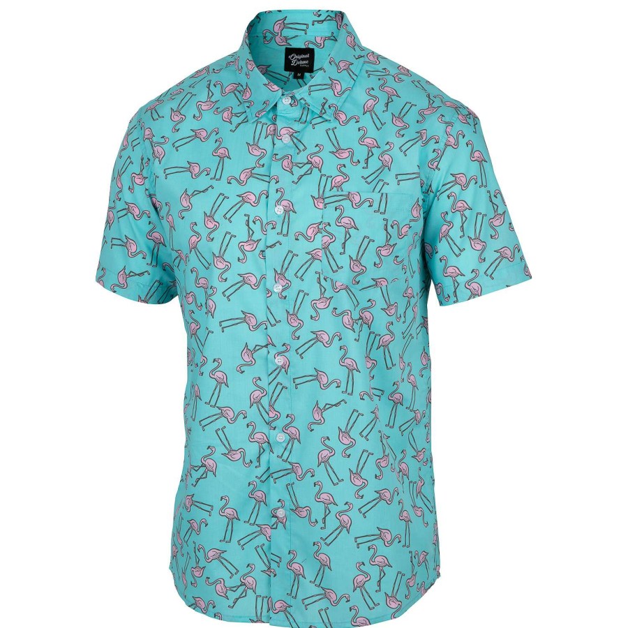 Apparel * | Crazy Deals Original Deluxe Men'S Flamingo Woven Short-Sleeve Shirt Turquoise