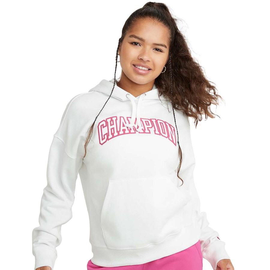 Apparel * | Discounts Champion Women'S Powerblend Varsity Pullover Hoodie White