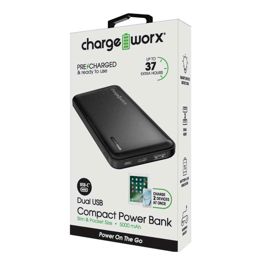 Outdoors * | Clearance Chargeworx Super Slim 5000 Mah Power Bank Black