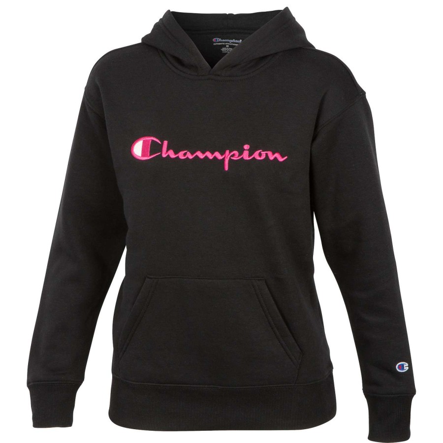 Apparel * | Online Discount Champion Girls' Classic Script Fleece Hoodie Black