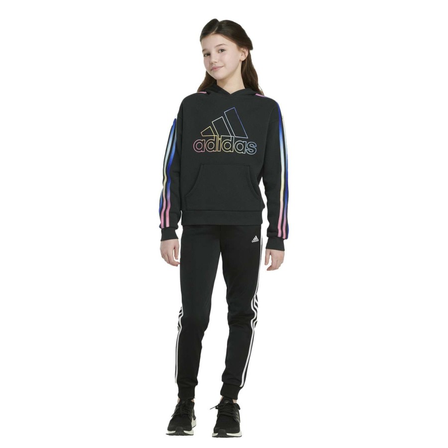 Apparel * | Cut Price Adidas Girls' Multi 3-Stripe Fleece Hooded Pullover Black Multi