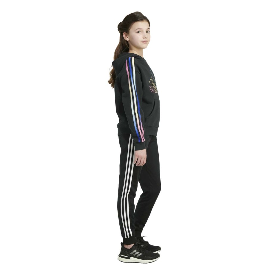 Apparel * | Cut Price Adidas Girls' Multi 3-Stripe Fleece Hooded Pullover Black Multi