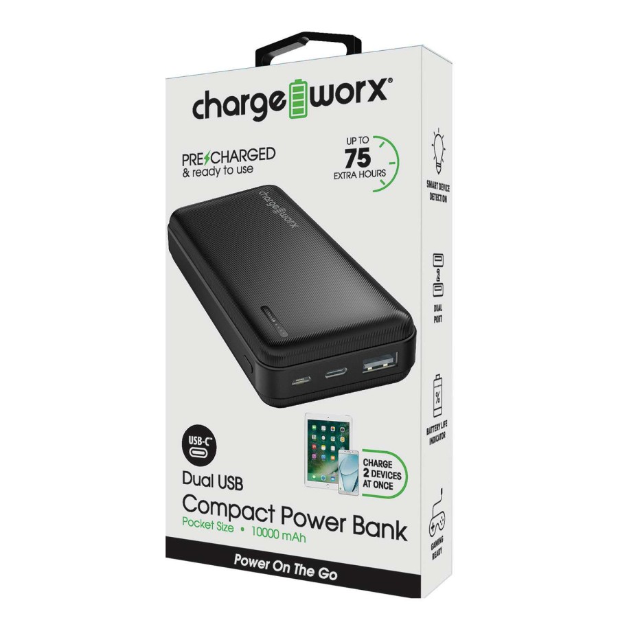 Outdoors * | Popular Chargeworx Super Compact 10000 Mah Power Bank Black